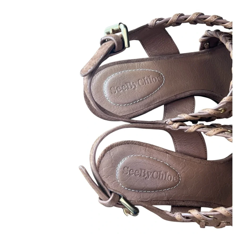 See By Chloé NWOB Tan Suede Platform Sandals 38 Lace-Up Grommet Boho Designer
